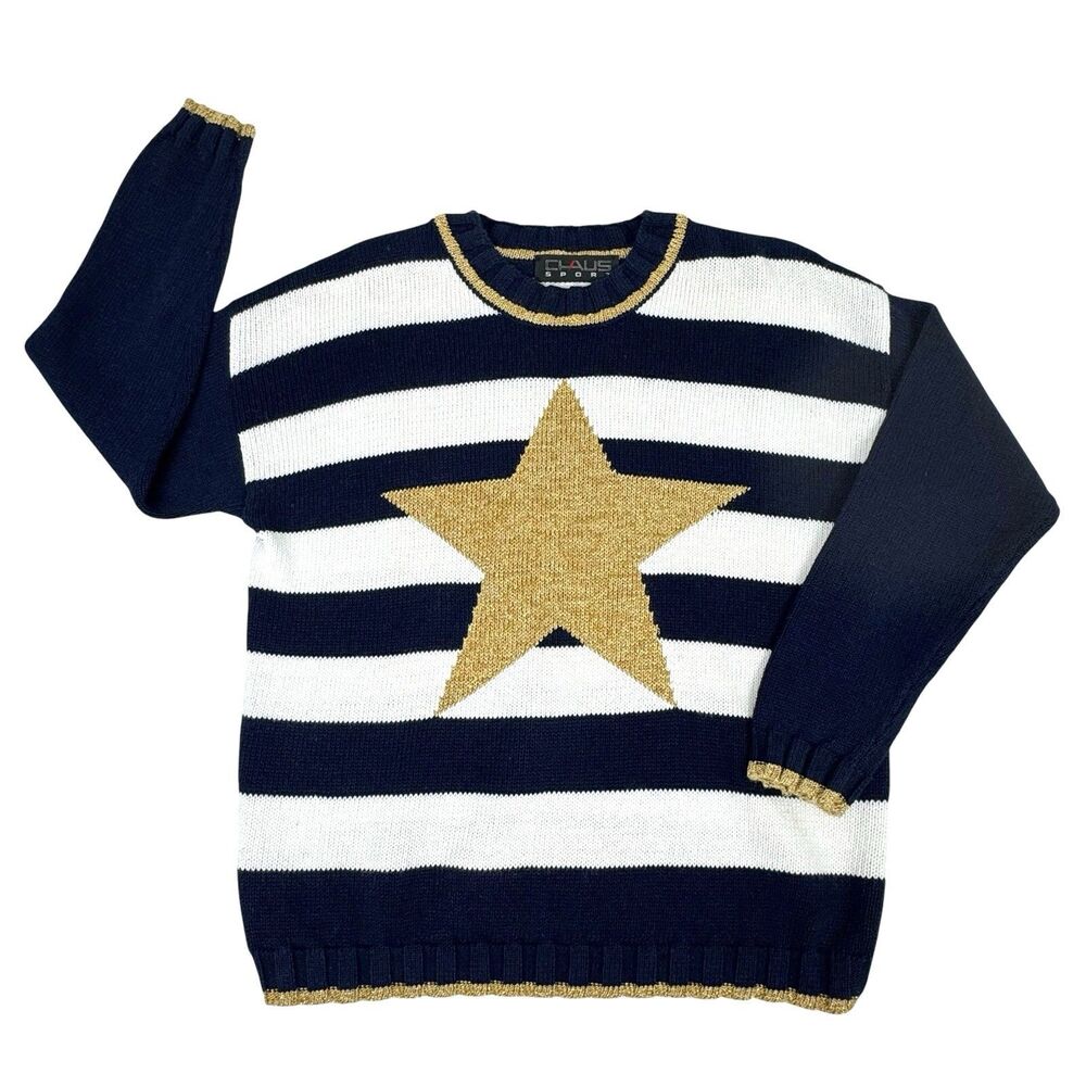 Vintage Chaus Navy Stripe Sweater‎ Womens S Nautical Yacht Gold Metallic Star
